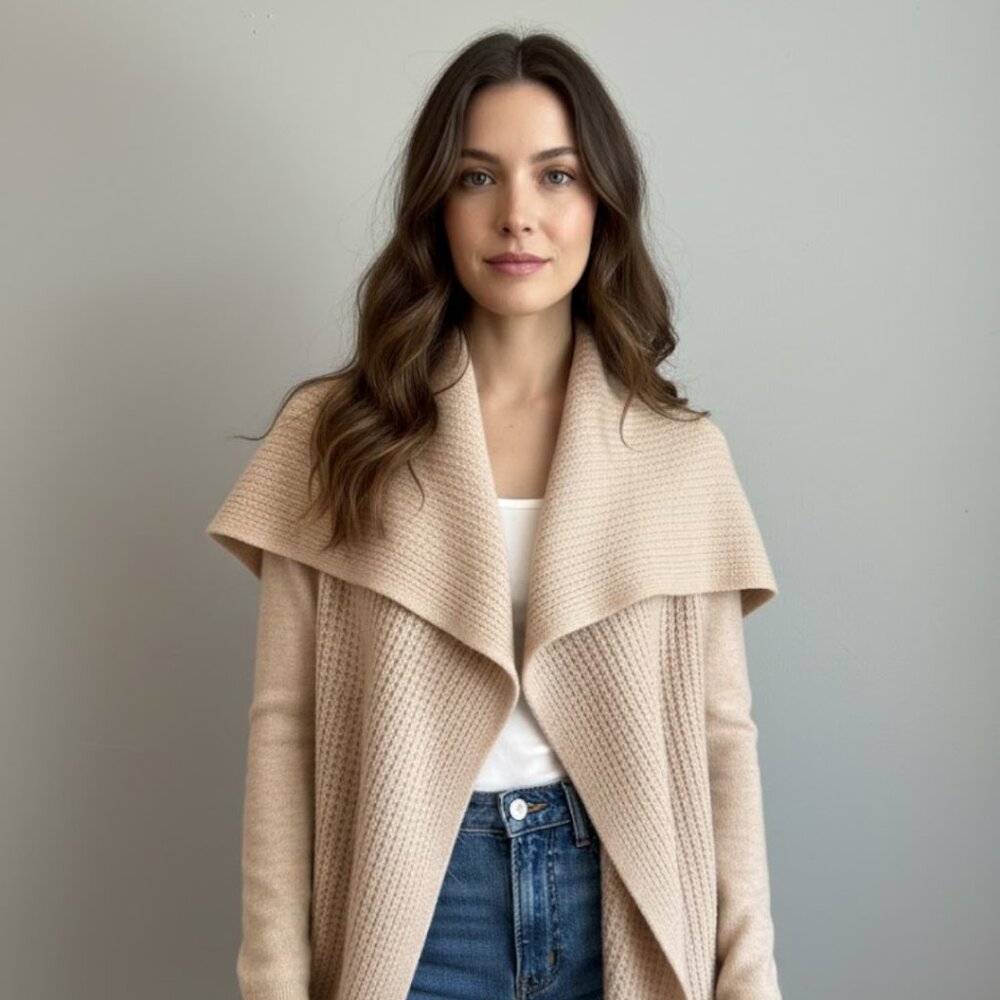 Theory Open Front Knit Cardigan Sweater Small Beige Waterfall Collar